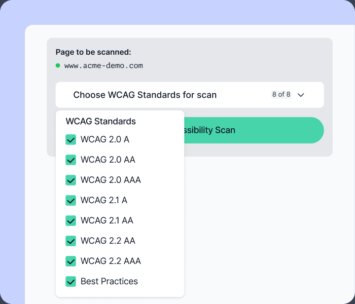 Za11y filter by WCAG standards interface